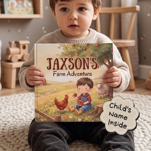 May include: A hardback children's book titled Jaxson's Farm Adventure featuring a colourful illustration of a child, a chicken, a sheep, and an apple tree. A small beige cloud-shaped tag on the cover reads Child's Name Inside in dark text.