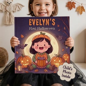 Op de afbeelding: Een hardcover boek getiteld Evelyn's First Halloween met een cartoonillustratie van een kind in een pompoenkostuum dat een kom met snoep vasthoudt, omringd door pompoenen, vleermuizen en een volle maan. Een sticker vermeldt Child's Photo Inside.