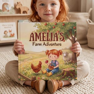 Peut inclure: Une jeune fille rousse tient un livre pour enfants intitulé "AMELIA'S Farm Adventure". La couverture du livre présente une scène de ferme avec une fille, une poule, un mouton et un pommier. Le livre est sur fond blanc.