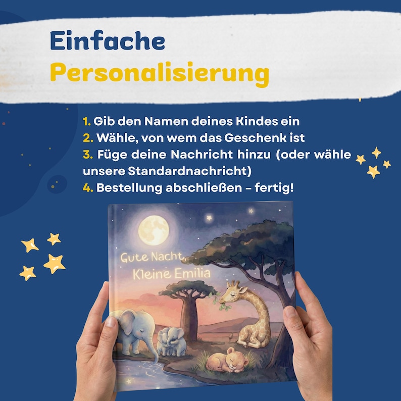Pode incluir: Um livro infantil personalizado com o t&iacute;tulo "Gute Nacht, Kleine Emilia" com ilustra&ccedil;&otilde;es de um elefante, uma girafa e um filhote de le&atilde;o sob a lua cheia. A imagem inclui texto em alem&atilde;o sobre personaliza&ccedil;&atilde;o.