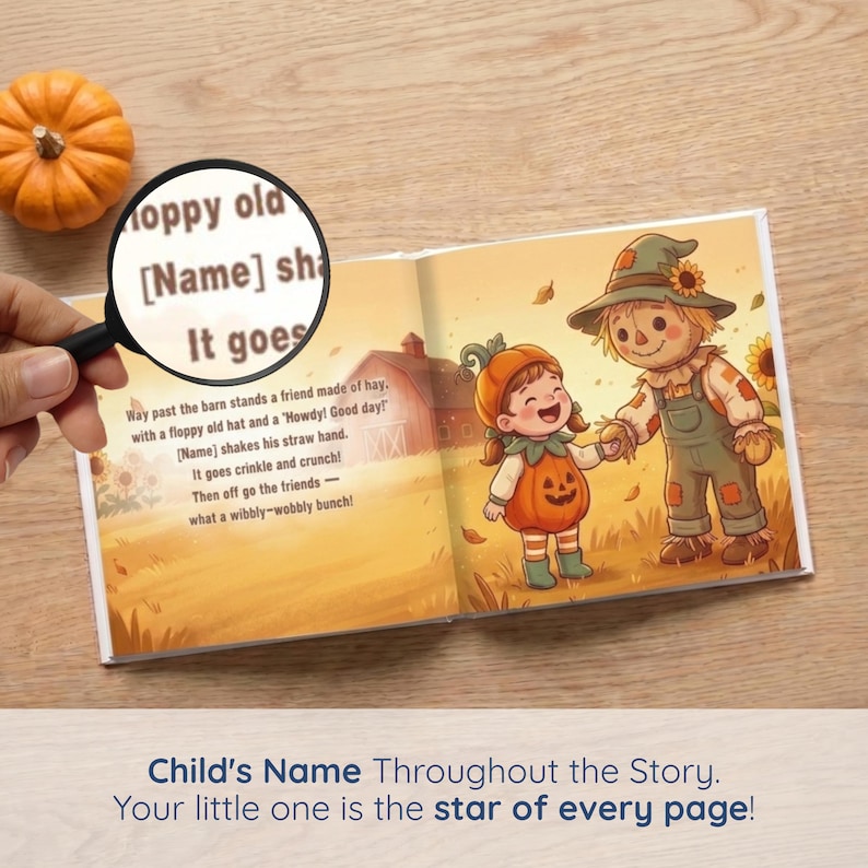 A sunlit autumn spread where the girl in her pumpkin outfit shakes hands with a friendly straw scarecrow beside a red barn and sunflowers, with a magnifier revealing her own name printed in the rhyme. A warm, not-scary page that makes your little one the star of every spooky-season adventure.