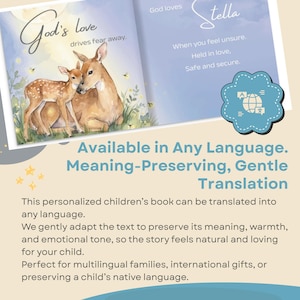 May include: A children's book with a deer and fawn illustration. The book's pages display English text, including phrases such as "God's love drives fear away." and "When you feel unsure, held in love, safe and secure." The book is available in any language, with gentle translation.