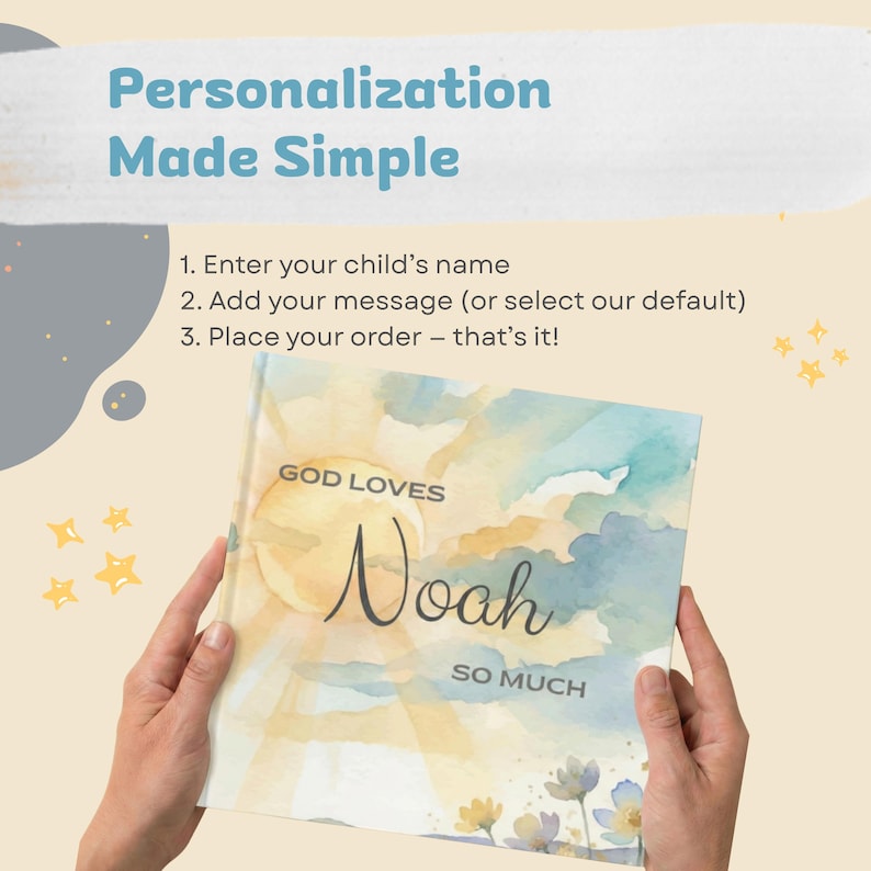 May include: A children's book with the text "GOD LOVES Noah SO MUCH" in a watercolour design. The book cover features a sun, clouds, and flowers. The image also includes instructions: "Personalisation Made Simple".
