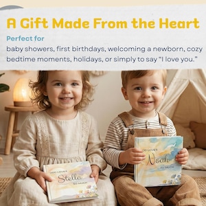May include: Two children smiling, each holding a book. The books have watercolor designs and the names "Stella" and "Noah" on the covers. The text above reads "A Gift Made From the Heart."