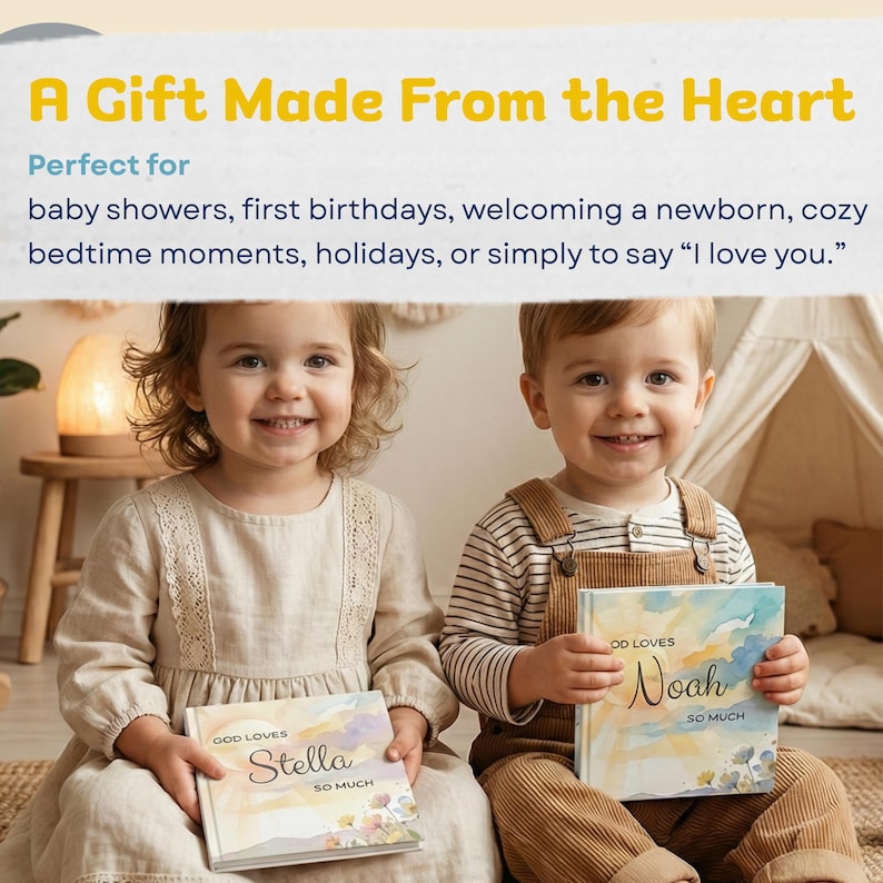 May include: Two children smiling, each holding a book. The books have watercolor designs and the names "Stella" and "Noah" on the covers. The text above reads "A Gift Made From the Heart."
