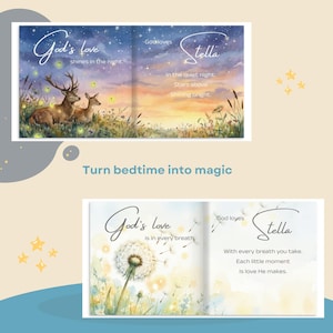 May include: A children's book with watercolour illustrations. The open pages display text that reads "God's love shines in the night" and "God loves Stella." The book features images of deer, stars, and a dandelion.