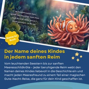 Puede incluir: Ilustraci&oacute;n de un libro infantil con un pez payaso en un arrecife de coral. La imagen incluye texto en alem&aacute;n, con el t&iacute;tulo "Der Name deines Kindes in jedem sanften Reim" y las palabras "Name im Buch".