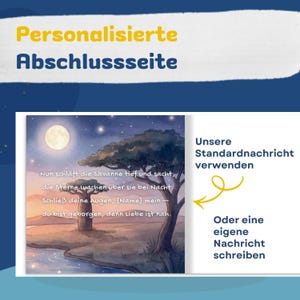 Pode incluir: Ilustra&ccedil;&atilde;o digital com texto em alem&atilde;o. A imagem apresenta uma cena noturna da savana com lua cheia, uma &aacute;rvore e um rio. O texto inclui "Personalisierte Abschlussseite" e um poema. Texto adicional sugere usar uma mensagem padr&atilde;o ou escrever uma personalizada.