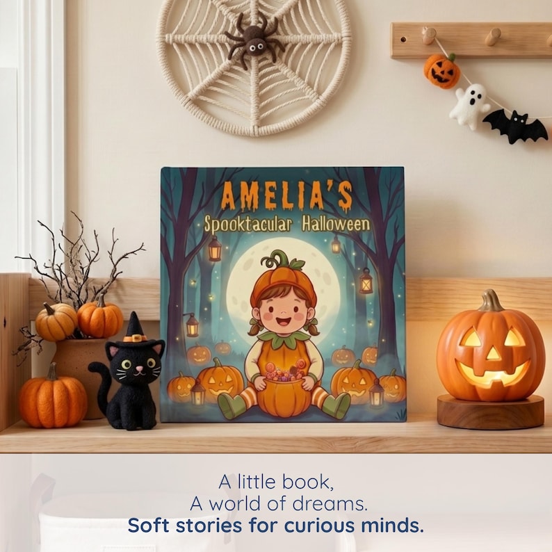 The hardcover book styled on a nursery shelf beside felt pumpkins, a little black cat, and a glowing jack-o-lantern lamp. A charming personalized gift that doubles as sweet spooky-season decor.