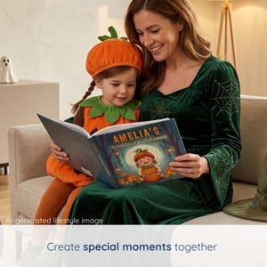 A mother and her daughter, dressed as a little pumpkin, snuggle on the sofa reading their personalized book together. A cozy look at the spooky-season story time this gift is made for.