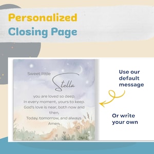 May include: A personalized closing page design with the text "Sweet little Stella" in a script font. The design includes a watercolor illustration of a night sky with a crescent moon and stars, and a field of flowers. The text "Use our default message" is also included.