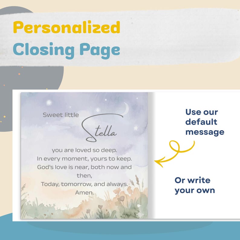 May include: A personalized closing page design with the text "Sweet little Stella" in a script font. The design includes a watercolor illustration of a night sky with a crescent moon and stars, and a field of flowers. The text "Use our default message" is also included.