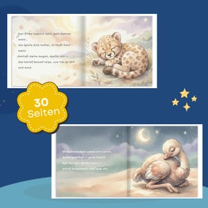 Pode incluir: Um livro infantil com ilustra&ccedil;&otilde;es em aquarela. Uma p&aacute;gina mostra um filhote de chita dormindo, a outra uma avestruz sob uma lua crescente. O livro tem 30 p&aacute;ginas e &eacute; projetado para hist&oacute;rias para dormir.