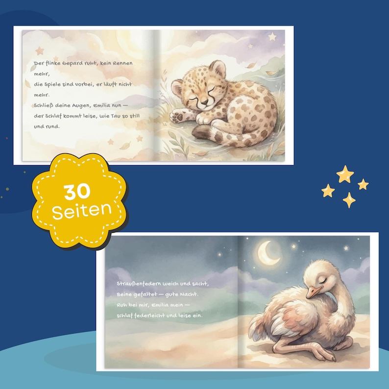 Pode incluir: Um livro infantil com ilustra&ccedil;&otilde;es em aquarela. Uma p&aacute;gina mostra um filhote de chita dormindo, a outra uma avestruz sob uma lua crescente. O livro tem 30 p&aacute;ginas e &eacute; projetado para hist&oacute;rias para dormir.