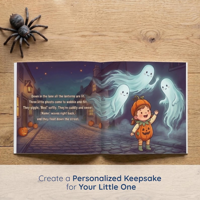 A spread down a lantern-lit cobbled lane where three friendly little ghosts wobble and float while the girl in her pumpkin costume waves hello. A trick-or-treat adventure written so a young child feels brave, not scared.