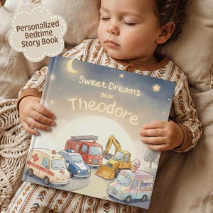 Personalized Bedtime Story Book with Name, Sleepy Trucks & Cars for Toddlers, Custom Baby Boy Good Night Book, Vehicle First Birthday Gift