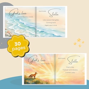 May include: A children's book with watercolour illustrations. The book features the text "God's love moves like the waves" and "God loves Stella." The book has 30 pages and includes images of a beach and a fox.