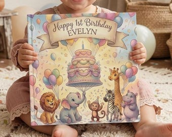 Livre Safari premier anniversaire, histoire personnalisée de bébé animal, cadeau souvenir personnalisé 1er anniversaire