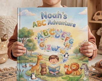 May include: A personalized children's book titled "Noah's ABC Adventure." The cover features a colorful illustration of a child reading, surrounded by animals and letters of the alphabet. The book is held by a child.