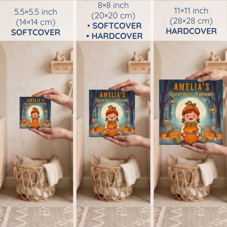 A size guide comparing the three formats of the personalized Halloween book — 5.5×5.5 inch softcover, 8×8 inch softcover or hardcover, and 11×11 inch hardcover — each showing the pumpkin-costumed girl on the cover. Helps you pick the right size for a daughter or granddaughter.