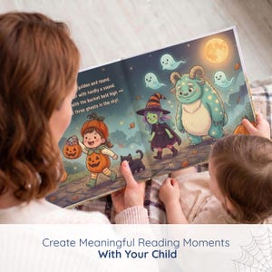 A parent and child read a glowing spread where the girl in her pumpkin outfit waves at three smiling ghosts, a kind little witch, and a big cuddly creature under a full moon. Magical, gentle fun that delights little ones instead of frightening them.