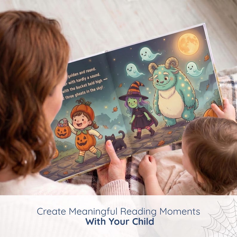 A parent and child read a glowing spread where the girl in her pumpkin outfit waves at three smiling ghosts, a kind little witch, and a big cuddly creature under a full moon. Magical, gentle fun that delights little ones instead of frightening them.