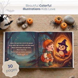 An illustrated page from the 30-page story where the pumpkin-dressed heroine bends down to hoot back at a wide-eyed owl tucked inside a glowing oak tree. Soft watercolor art in a misty moonlit forest, with the child's name printed right in the rhyme.