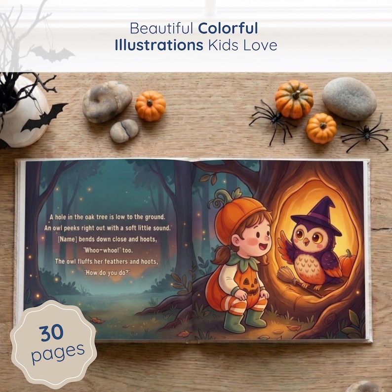 An illustrated page from the 30-page story where the pumpkin-dressed heroine bends down to hoot back at a wide-eyed owl tucked inside a glowing oak tree. Soft watercolor art in a misty moonlit forest, with the child's name printed right in the rhyme.