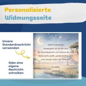 Pode incluir: Uma p&aacute;gina de dedicat&oacute;ria personalizada com texto em alem&atilde;o. A imagem apresenta uma ilustra&ccedil;&atilde;o em aquarela de uma girafa e uma cena de saf&aacute;ri ao luar. O texto inclui "Liebe'r {Name}" e "In Liebe, {Name}".