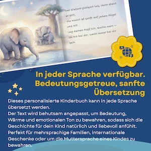 Pode incluir: Ilustra&ccedil;&atilde;o de um livro infantil com dois elefantes cinzentos perto da &aacute;gua, uma &aacute;rvore e uma lua. O texto em alem&atilde;o e ingl&ecirc;s indica que o livro est&aacute; dispon&iacute;vel em v&aacute;rios idiomas com tradu&ccedil;&otilde;es precisas.
