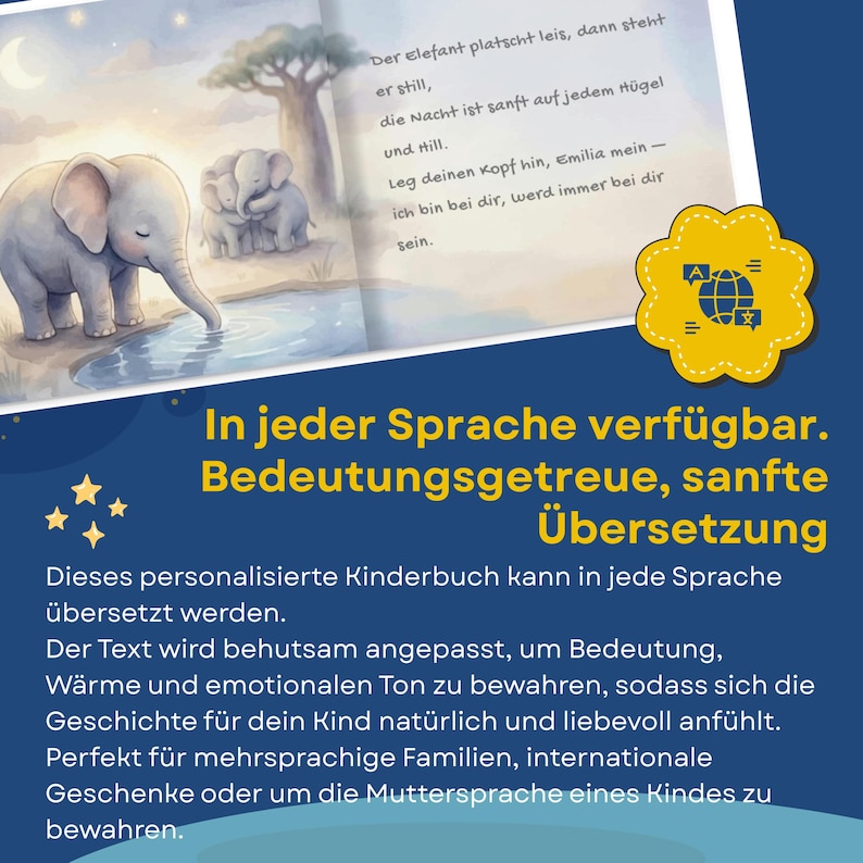 Pode incluir: Ilustra&ccedil;&atilde;o de um livro infantil com dois elefantes cinzentos perto da &aacute;gua, uma &aacute;rvore e uma lua. O texto em alem&atilde;o e ingl&ecirc;s indica que o livro est&aacute; dispon&iacute;vel em v&aacute;rios idiomas com tradu&ccedil;&otilde;es precisas.