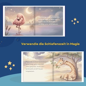Pode incluir: Uma p&aacute;gina dupla de um livro infantil com ilustra&ccedil;&otilde;es de um flamingo e uma girafa. O flamingo est&aacute; na &aacute;gua sob uma lua crescente. A girafa come folhas sob uma &aacute;rvore. O texto em alem&atilde;o diz "Verwandle die Schlafenszeit in Magie."