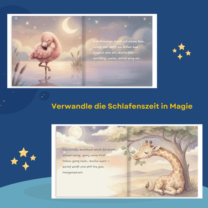 Pode incluir: Uma p&aacute;gina dupla de um livro infantil com ilustra&ccedil;&otilde;es de um flamingo e uma girafa. O flamingo est&aacute; na &aacute;gua sob uma lua crescente. A girafa come folhas sob uma &aacute;rvore. O texto em alem&atilde;o diz "Verwandle die Schlafenszeit in Magie."