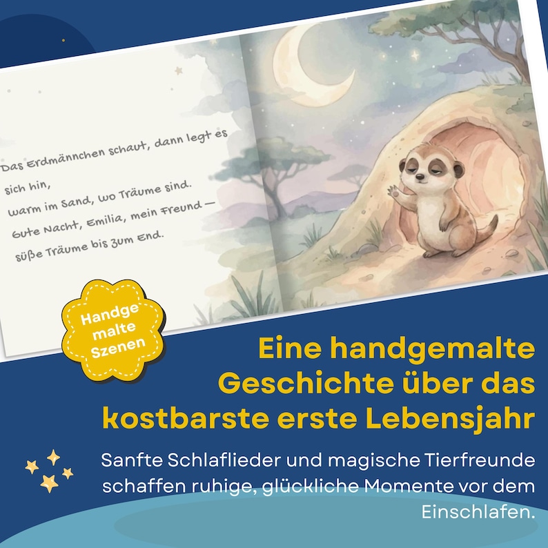 Pode incluir: Ilustra&ccedil;&atilde;o de livro infantil com um suricate acenando de uma toca sob um c&eacute;u noturno com uma lua crescente. O texto inclui "Handgemalte Szenen" e "Eine handgemalte Geschichte &uuml;ber das kostbarste erste Lebensjahr."