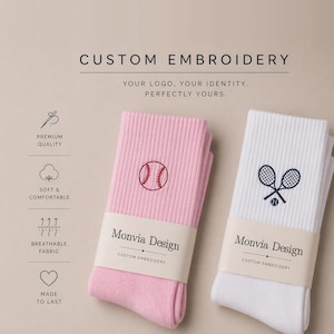 Calcetines con logotipo bordado personalizado, ropa de trabajo personalizada, calcetines para clubes de pilates, tenis y marcas de estilo de vida. imagen 1