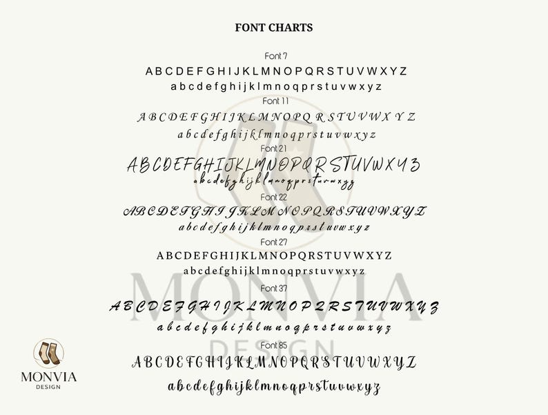 Puede incluir: Una tabla de fuentes que muestra seis estilos tipogr&aacute;ficos distintos etiquetados como Font 7, 11, 21, 22, 37 y 85. Cada estilo incluye letras may&uacute;sculas y min&uacute;sculas en texto negro sobre un fondo claro. El logotipo de Monvia Design est&aacute; en la esquina.