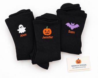 Personliga Halloween-strumpor, broderade strumpor med eget namn, spökpumpa och fladdermus, läskig Halloween-present
