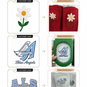 Puede incluir: Una infograf&iacute;a de Monvia Design que muestra tres ejemplos de bordado. Cada fila presenta un logotipo de cliente a la izquierda y el resultado bordado en tela a la derecha, incluyendo una margarita, un logo de Blue Angels y el texto A.L.S 2026.