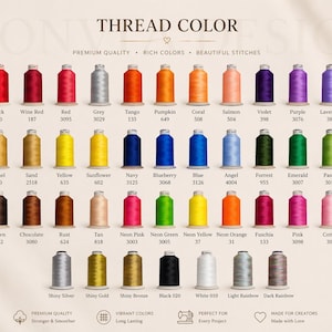 Puede incluir: Una carta de colores que muestra cuarenta y ocho carretes de hilo de bordar dispuestos en filas. Cada carrete est&aacute; etiquetado con un nombre de color y un c&oacute;digo num&eacute;rico. El texto superior dice THREAD COLOR y el inferior MONVIA DESIGN.