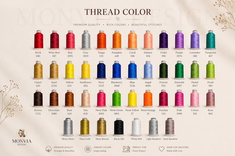 Puede incluir: Una carta de colores que muestra cuarenta y ocho carretes de hilo de bordar dispuestos en filas. Cada carrete est&aacute; etiquetado con un nombre de color y un c&oacute;digo num&eacute;rico. El texto superior dice THREAD COLOR y el inferior MONVIA DESIGN.