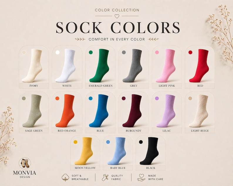 Puede incluir: Una tabla de colores titulada SOCK COLORS que muestra quince calcetines individuales en marfil, blanco, verde esmeralda, gris, rosa claro, rojo, verde salvia, rojo anaranjado, azul, burdeos, lila, beige claro, amarillo luna, azul beb&eacute; y negro.