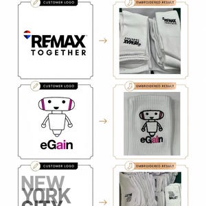 Puede incluir: Una infograf&iacute;a de Monvia Design que muestra tres logotipos de clientes y sus resultados bordados en calcetines blancos. Los logotipos incluyen Remax Together, un gr&aacute;fico de robot para eGain y el texto New York City Ballet en negro.