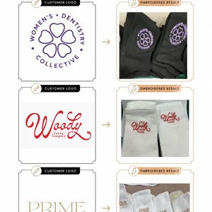 Puede incluir: Una muestra de Monvia Design que presenta tres logotipos de clientes y su bordado correspondiente en calcetines. Los logotipos incluyen Women's Dentistry Collective, Woody Candy Company y Prime Longevity, con resultados bordados en calcetines negros y blancos.