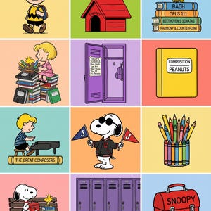 Snoopy SVG PNG | Tillbehör till skolan, 45 jordnötter Clipart-paket, tecknad hund PNG-filer för Cricut direkt digital nedladdning