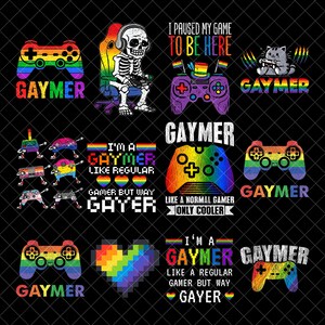 May include: A collection of twelve digital graphic designs featuring rainbow-colored video game controllers, a skeleton in a gaming chair, a cat with a controller, and pixelated hearts. Text includes phrases like GAYMER and I PAUSED MY GAME TO BE HERE.