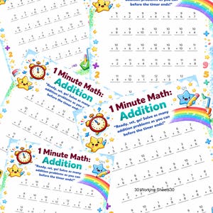 May include: Colorful worksheets for 1 Minute Math: Addition, featuring addition problems. The pages include a rainbow, stars, and the text "Ready, set, go! Solve as many addition problems as you can before the timer ends!"