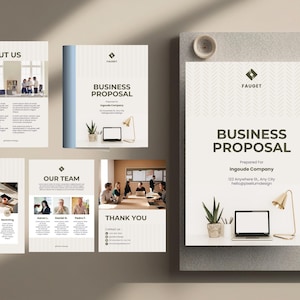 May include: A collection of business proposal documents and supporting materials. The documents feature the text "Business Proposal", "About Us", "What We Do?", "Our Team", and "Thank You". The layout includes images, a laptop, a desk lamp, and a pen.