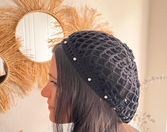 パール付き黒かぎ針編み帽子、手編みコットンメッシュ帽子、ボヘミアンレースビーニー、エレガントなサマーハット、彼女へのギフト