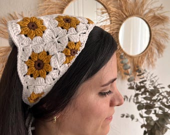 Pañuelo de ganchillo hecho a mano / Bufanda bohemia para el cabello / Cubrecabezas de verano / Estilo vintage