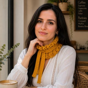 May include: A mustard yellow knitted neck warmer featuring a chunky ribbed texture and two long, flat knitted ties hanging down the front. The accessory is worn around the neck over a white long-sleeved blouse with delicate lace detailing.